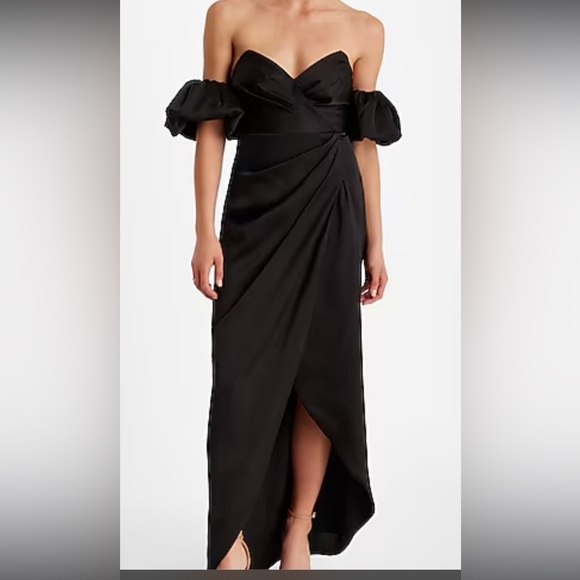 Satin Strapless Removable Puff
Sleeves Side Slit Midi Sheath Dress - Picture 1 of 7